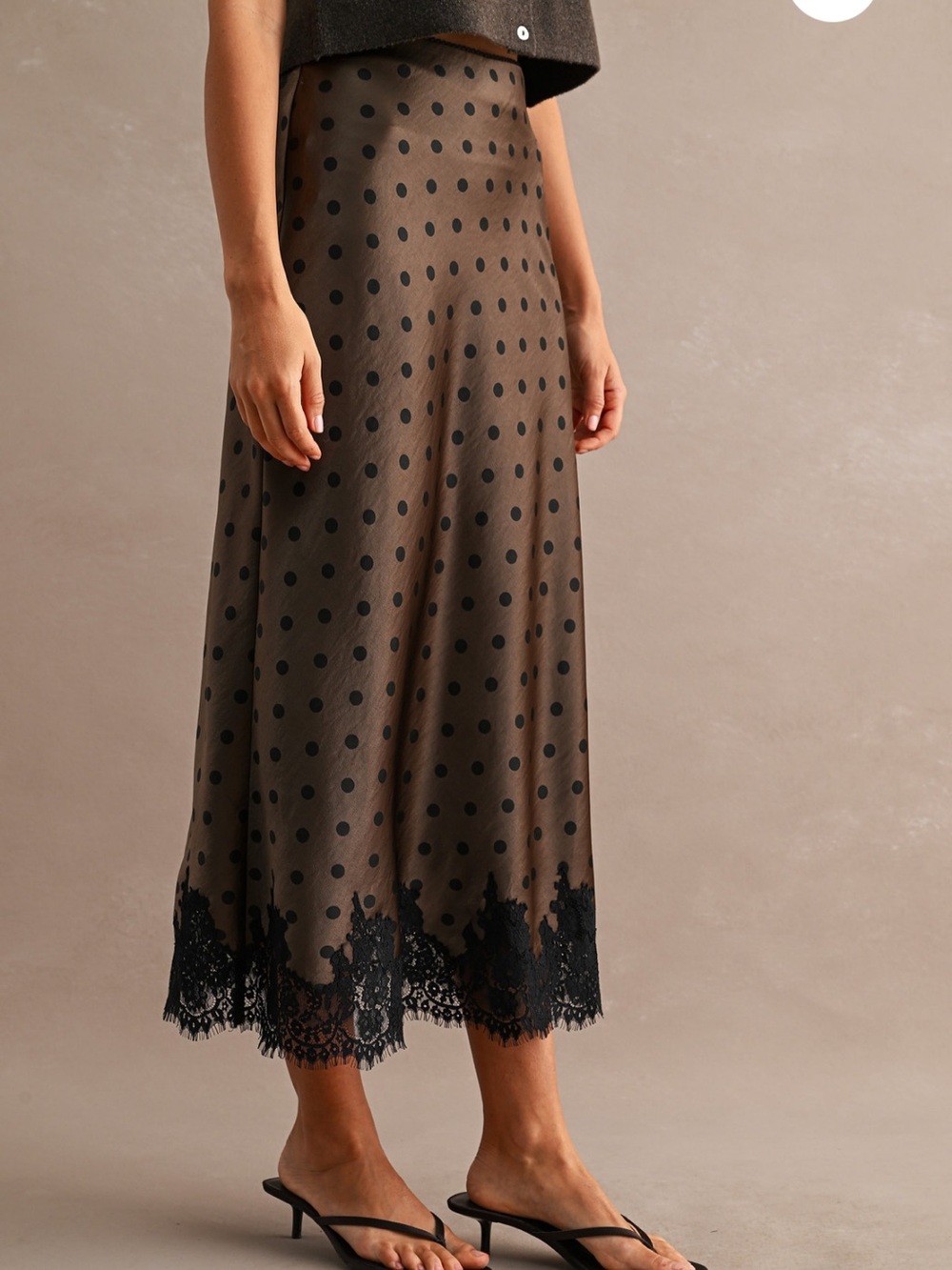 Mable Chocolate Brown Polka Dot Lace Hem Midi Skirt - Picture 4 of 6